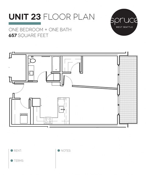 Floor plan for 1 bed, 1 bath, 657 sqft